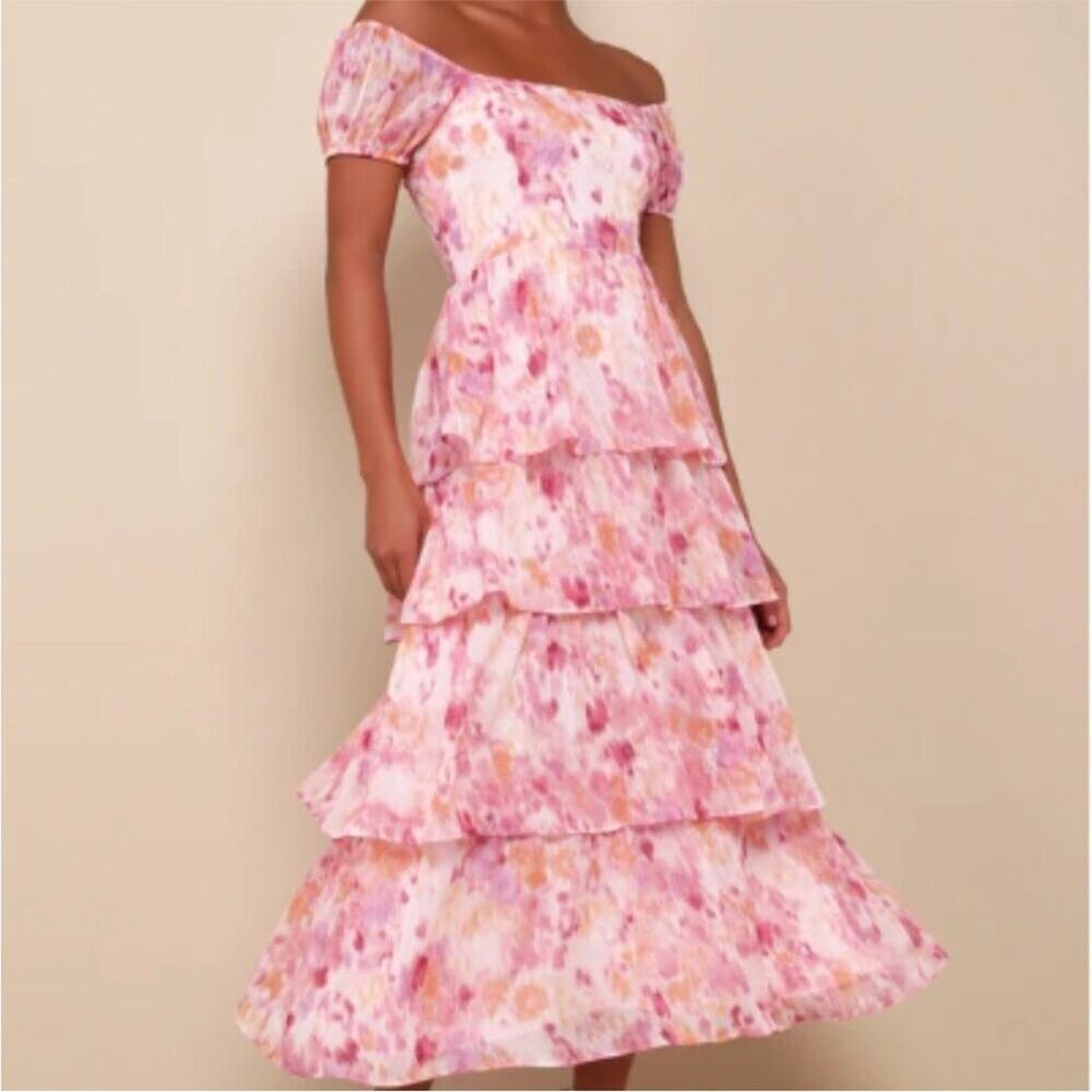 Lulus Phenomenal Vision pink orange metallic tier ruffle midi dress size‎ Medium